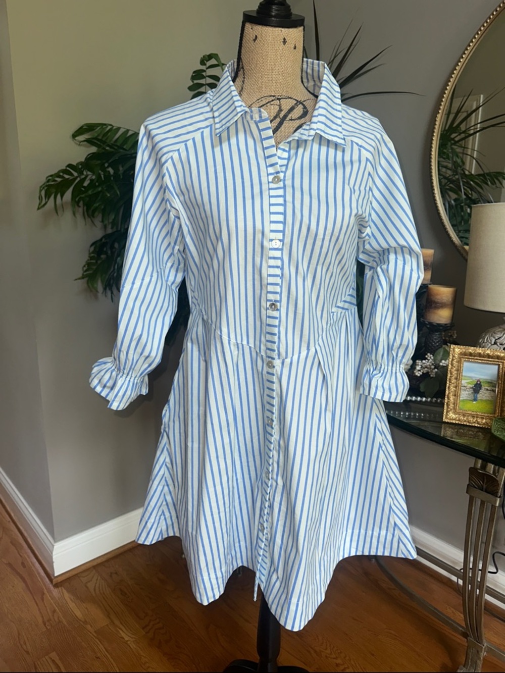 Liliana Meza Blue & White Striped Long Sleeve Shirt Dress NWOT size Medium